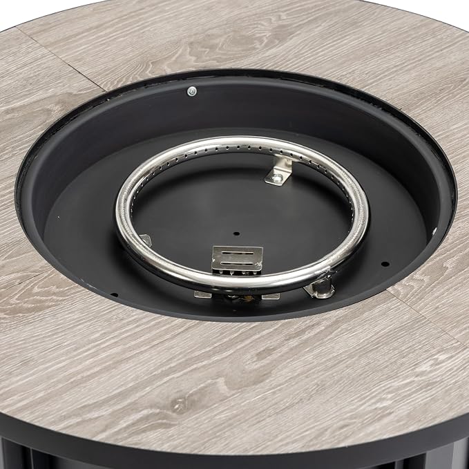 30" Propane Gas Fire Pit Table, 50000 BTU Round Outdoor Fire Pit with Wood Grain Ceramic Tabletop, Steel Patio Fire Table with Lid & Rain Cover for Backyard Deck Garden, Black