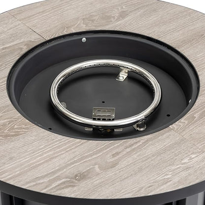 30" Propane Gas Fire Pit Table, 50000 BTU Round Outdoor Fire Pit with Wood Grain Ceramic Tabletop, Steel Patio Fire Table with Lid & Rain Cover for Backyard Deck Garden, Black
