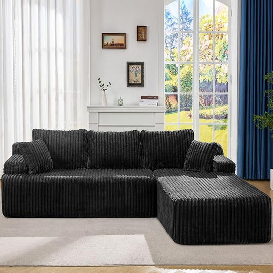 Hobestluk Boneless Couch Modular Sectional Sofa L-Shape Oversized Chaise | 108" Right Facing Chaise Black,Memory Foam,Removable Cover,Non-slip Bottom,No Assemble Required,Living Room Furniture