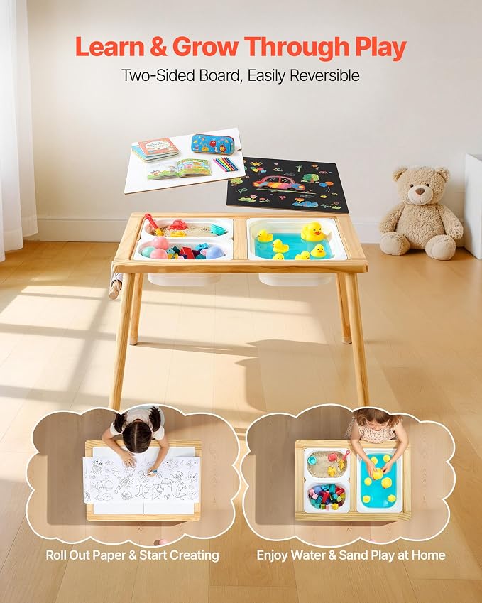 VEVOR Sensory Table for Toddlers, Wooden Kids Activity Table with 2 Stools, Double-Sided Board, Storage Bins, and Non-Slip Feet, for Boys and Girls Playing Sand and Water, Drawing, Studying, Dining