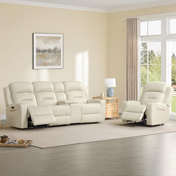 Watson & Whitely Oversized Genuine Leather Power Recliner Chairs for Big and Tall, Extra Wide Lay Flat Recliner with Power Headrest & Cup Holders, Electric Reclining Sofa for Living Room, Cream