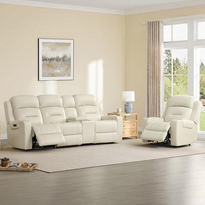 Watson & Whitely Oversized Genuine Leather Power Recliner Chairs for Big and Tall, Extra Wide Lay Flat Recliner with Power Headrest & Cup Holders, Electric Reclining Sofa for Living Room, Cream