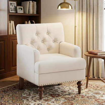 MALOL Upholstered Accent Chair Set of 2, Comfy Reading Chair for Living Room, Mid Century Modern Armchair with Thick Cushion & Solid Rubberwood Legs, for Bedroom/Small Spaces, Beige
