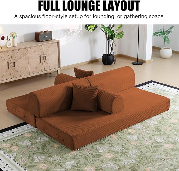 79" Corduroy Sofa Bed, Boneless Couch in a Box with 2 Pillows, High-Density Foam 4-in-1 Foldable Sleeper Futon Loveseat for Small Spaces, No Assembly, Side Pockets, Round Arm Orange