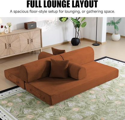 78.8" Memory Foam Boneless Couch, Corduroy Floor Sofa Bed, Convertible Sleeper Futon Loveseat, Wide Armrests & Back Support, Supports Up to 1200 lbs, Couch in a Box with 2 Pillows, Orange