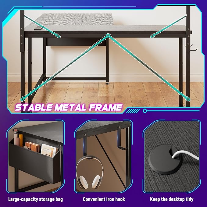 DurayLoly L Shaped Gaming Desk with No Side Bar Shelf for Small Space,Black | Open-Side Storage Rack with Printer Space and Hooks, Neat Arrangement & High Space Utilization