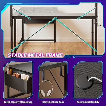 DurayLoly L Shaped Gaming Desk with No Side Bar Shelf for Small Space,Black | Open-Side Storage Rack with Printer Space and Hooks, Neat Arrangement & High Space Utilization