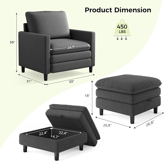 Welzona 3-Layers Cloud Accent Chair with Ottoman, 33" Comfy Reading Chair for Bedroom, Living Room, Tool-Free Assembly with Teddy Fabric Arm Chairs and Ottoman Set, Grey, Removable Washable Cover