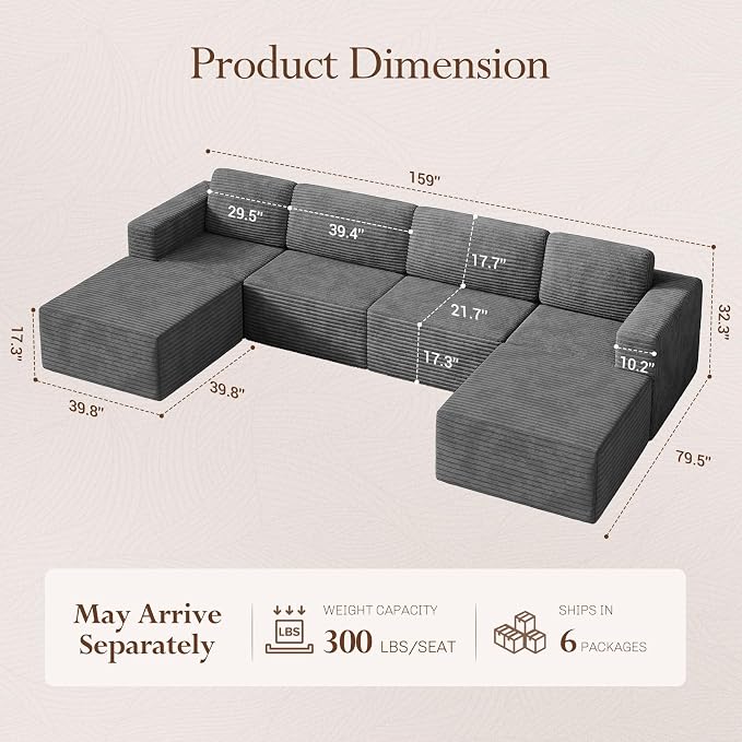 Vesgantti 159" Large Modular Sectional Sofa, U-Shaped Corduroy Cloud Couch with Deep Seats & Spring Support, 4-Seater Boneless Sofa with 2 Movable Ottomans, No Assembly Needed, Grey