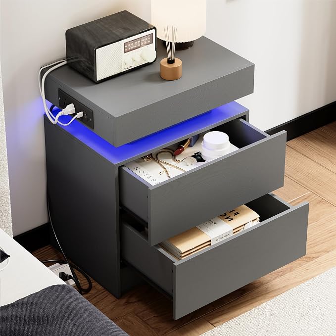 LIKIMIO Nightstand with Charging Station LED Light and 2 Drawers Grey | charging station; LED light; 2 smooth glide drawers; 13.8 D x 18.9 W x 23.6 H in; Grey wood grain