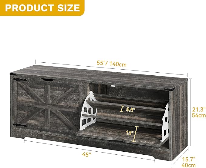 DWVO Shoe Storage Bench, 55" L Shoe Cabinet with 3 Flip Drawer & Flip-Top Storage, Farmhouse Modular Tilt-Out Organizer for Entryway, Mudroom, Bedroom | 3 tilt-out drawers, flip-top storage, farmhouse style, for entryway mudroom bedroom, sturdy wooden ...