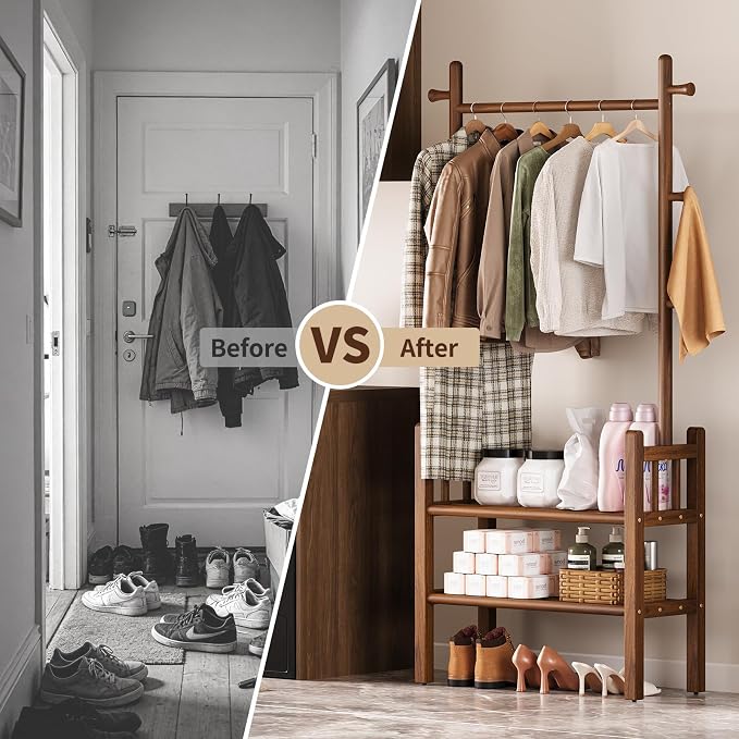 Yoobure Solid Wood Clothing Rack with Shelves - Coat Rack Freestanding with 6 Hooks, 3-in-1 Hall Tree for Hanging Clothes, Tall Garment Racks with Storage for Bedroom, Entryway, Living Room, Closet