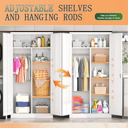 Greenvelly Metal Wardrobe Cabinet with Locking Doors, 72"H White Metal Wardrobe Closet with Hanging Rods and Adjustable Shelves, Clothing Storage Closet for Home, Office, Employee, Gym (16" D x 32" W)