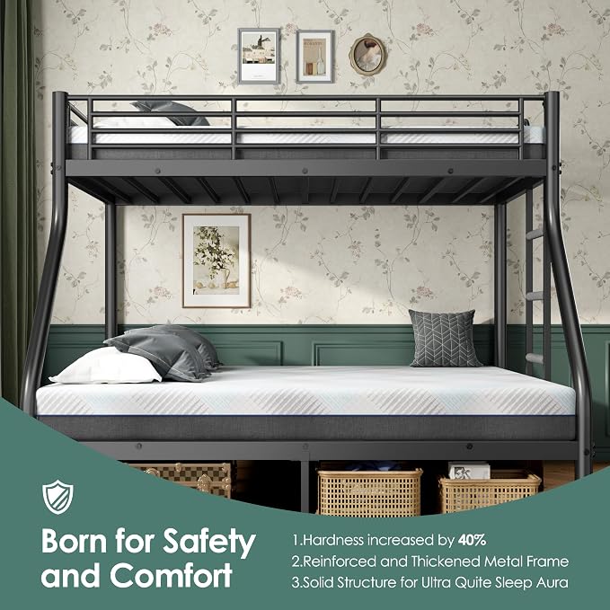 Bunk Beds Twin XL Over Full Size with 6" Mattresses Included, All-in-One Bunk Bed for Kids/Adults, Heavy Duty Sturdy Frame with Ladder Guardrail, with Memory Foam Mattresses, Black