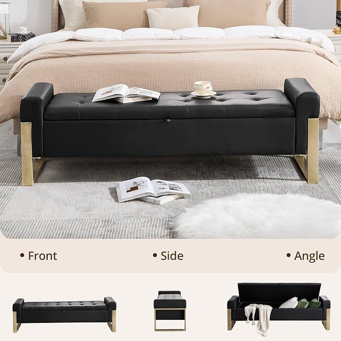 67'' End of Bed Storage Bench, Storage Ottoman Bench for Bedroom King Size, Modern Faux Leather Benches for Foot of Bed with Gold Legs for Window Living Room Entryway, Black