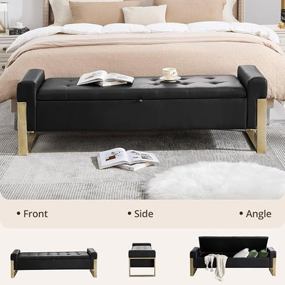 67'' End of Bed Storage Bench, Storage Ottoman Bench for Bedroom King Size, Modern Faux Leather Benches for Foot of Bed with Gold Legs for Window Living Room Entryway, Black