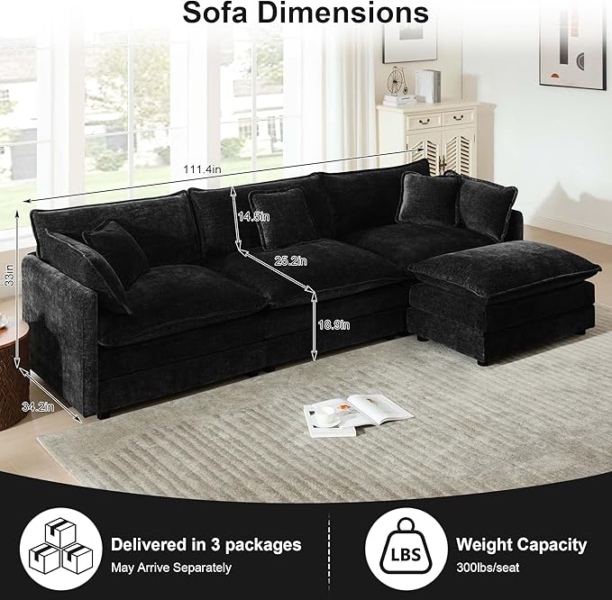 111.5" Modular Sectional Sofa, Large L Shaped Sectionals Cloud Couch, Big Comfy 3-Seat Couch with Ottoman, 4 Seater Chenille Sectional Sofa with Deep Seat and 5 Pillows for Living Room- Black