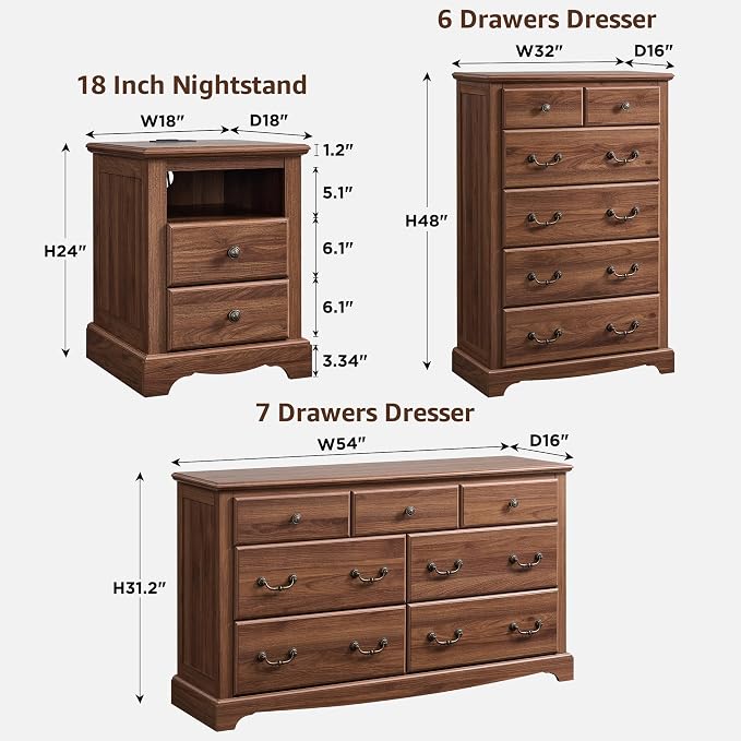 T4TREAM Farmhouse Dressers & Night Stand Set of 4, 54" Wide 7 Drawer Dresser & 48" Tall 6 Drawers Chests, 18" Wide 2 Drawers Side Table Set of 2, Furniture Dresser Sets for Home, Light Walnut