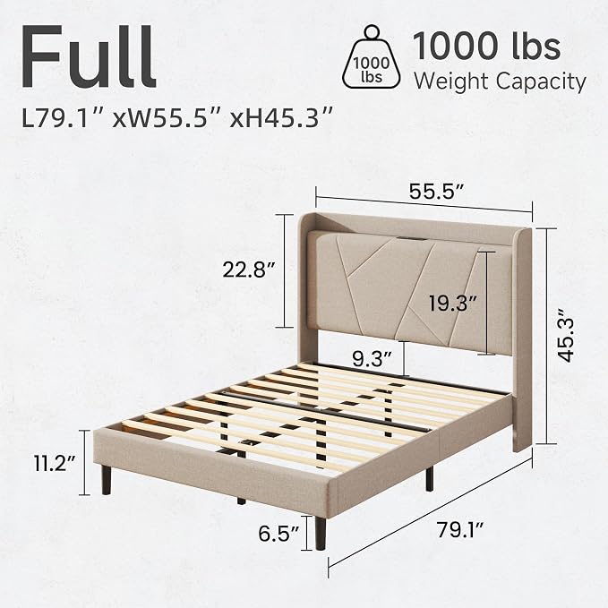 Full Size Linen Bed Frame, Storage Headboard with Charging Station, Upholstered Platform Bed with Wooden Slats Support, Solid and Stable, Noise Free, No Box Spring Needed, Easy Assembly, Beige