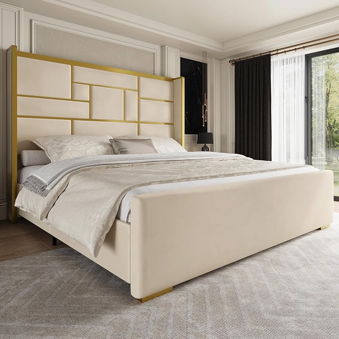 King Size Bed Frame with 55.12" Tall Headboard, Modern Luxury Velvet Upholstered Platform Bed with Gold Trim, Wide Wingback Design, Noise-Free, Easy Assembly, No Box Spring Needed, Beige