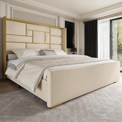 Queen Bed Frame with 55.12" Tall Headboard, Modern Luxury Velvet Upholstered Platform Bed with Gold Trim, Wide Wingback Design, Noise-Free, Easy Assembly, No Box Spring Needed, Beige