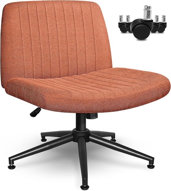 Orange Factory Criss Cross Chair Wheels Wide Cross Legged Office Desk Vanity Dual Base Comfy Fabric Armless Adjustable Swivel for Home Computer Task (Brown Dual Base, Fabric)