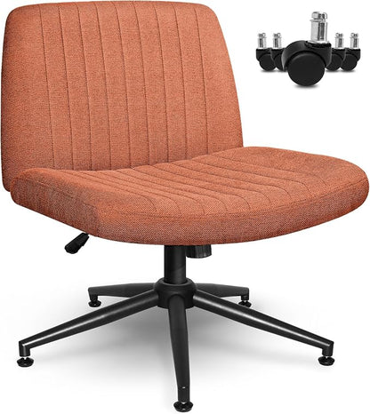 Orange Factory Criss Cross Chair Wheels Wide Cross Legged Office Desk Vanity Dual Base Comfy Fabric Armless Adjustable Swivel for Home Computer Task (Brown Dual Base, Fabric)