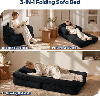 Convertible Sleeper Chair, Folding Sofa Bed with Armrests, Foldable Boneless Bed, 3-in-1 Portable Corduroy Futon Couch Floor Sofa with Pillow for Bedroom, Living Room, Black