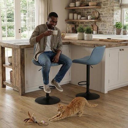 YOUTASTE Blue Bar Stools Set of 2 Adjustable Swivel Modern Barstools Luxury Upholstered Faux Leather Bar Stool Counter Height Metal Chairs with Back for Home Kitchen Island