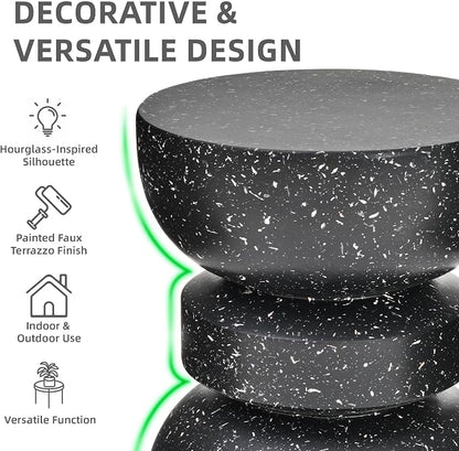 18" H Modern Black Side Table for Living Room, Decorative Terrazzo Finish MGO Outdoor End Table, Versatile as Coffee Table, Stool, Plant Stand, Weather-Resistant for Garden Patio Deck Use