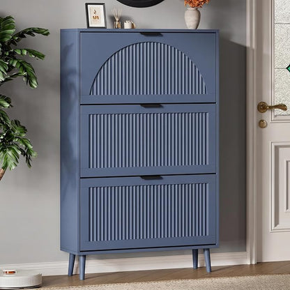 Xixini Shoe Storage Cabinet with 3 Flip Drawers, 50" Tall Narrow Wood Fluted Shoe Organizer for Entryway, Freestanding Wooden Hidden Slim Shoe Rack for Front Door Entrance, Hallway, Foyer, Navy Blue