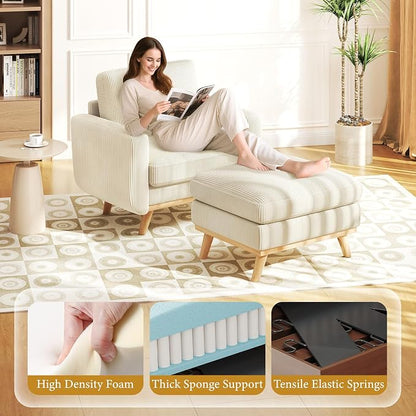 Vesgantti 38.5" Accent Chair with Movable Ottoman, Comfy Corduroy Armchair with Spring Cushion, Reading Chair with Ottoman, Modern Single Sofa for Living Room, Bedroom and Apartment, Beige