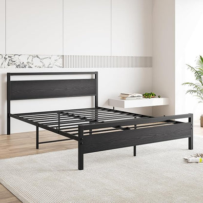 BOFENG Black Queen Size Bed Frames with Wood Headboard,Heavy Duty Metal Platform Bed Frame with Storage No Box Spring Needed,Strong Steel Slats Support,Noise Free