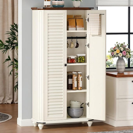 DWVO 4-Tier Storage Cabinet with 2 Shutter Doors, Farmhouse Kitchen Pantry Cabinet with Adjustable Shelves, Wooden Cabinet for Kitchen, Dining Room, Living Room, Office, Rustic White