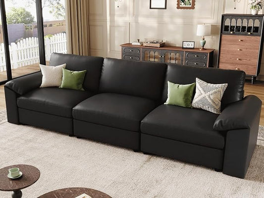 EASE MOOSE 3 Seater Deep Seat Sectional Sofa,Scratch Resistant Faux Leather Material, Oversized Modular Couch,Classic Comfy Sofas for Small Spaces, Black