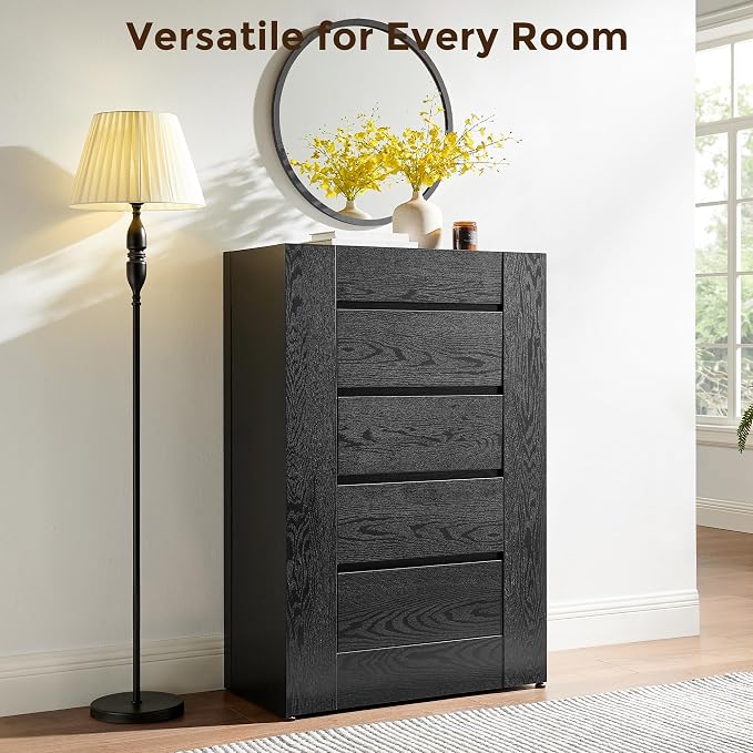 OKD 5 Drawer Dresser for Bedroom, 48" Tall Dresser Chest of Drawers with Thick Wood Design, Handleless, Modern Bedroom Dresser, Storage Organizer for Living Room/Entryway, Black Oak