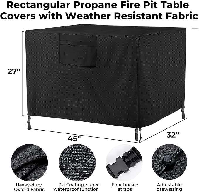 Fire Pit Cover with Air Vents and Handles, Rectangular 45 inch(45" Lx32 Wx27 H) Fire pits Table Covers Build-in Buckle Straps and Adjustable Drawstring, Heavy-Duty and Weather-Resistant Oxford Fabric