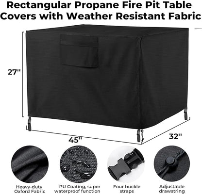 Fire Pit Cover with Air Vents and Handles, Rectangular 45 inch(45" Lx32 Wx27 H) Fire pits Table Covers Build-in Buckle Straps and Adjustable Drawstring, Heavy-Duty and Weather-Resistant Oxford Fabric