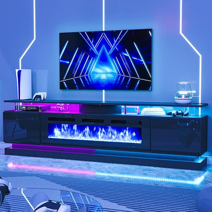 90" Fireplace TV Stand, Modern Entertainment Center for TVs Up to 100”, TV Console with Storage Cabinets, Media Console for Living Room, WiFi Enable Black TV Stand and Black Fireplace