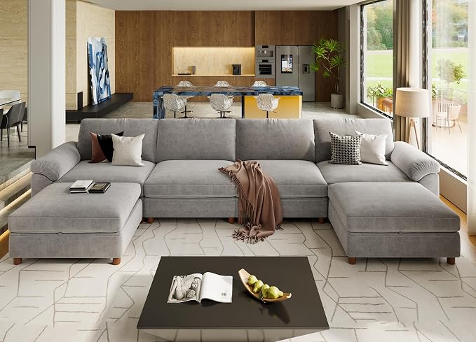 SITJOY Large Cloud Couch, 149" Wide 4 Seater U Shape, Light Gray Chenille | Detachable and Washable Chenille Cover Sectional Sofas for Living Room, Deep Seat Wide Couch with Chaise, Storage Ottoman