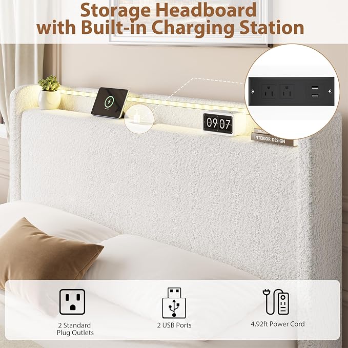 Full LED Bed Frame with 4 Storage Drawers and Storage Headboard, Soft Boucle Upholstered Platform Bed Frame with Charging Station and USB Ports, Solid Wood Slats Support, No Box Spring Needed, White