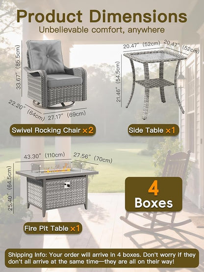 7-Piece Outdoor Conversation Set with 43" Fire Pit Table, 4 Swivel Rocking Chairs (4" Cushions) & 2 Side Tables, All-Weather PE Rattan & Steel Frame for Porch, Deck, Backyard, Grey