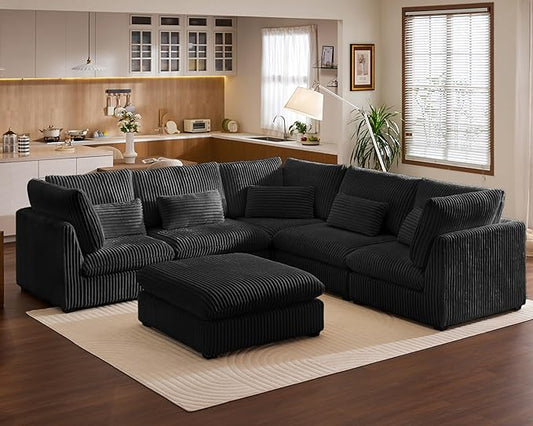 115" Oversized Corduroy Couch Modular Sectional Sofa, Washable Cloud Couch Sectional with Ottoman, 6 Seater Sectional Couches for Living Room, Fully Cover Removable, V Shaped & Corner, Corduroy, Black