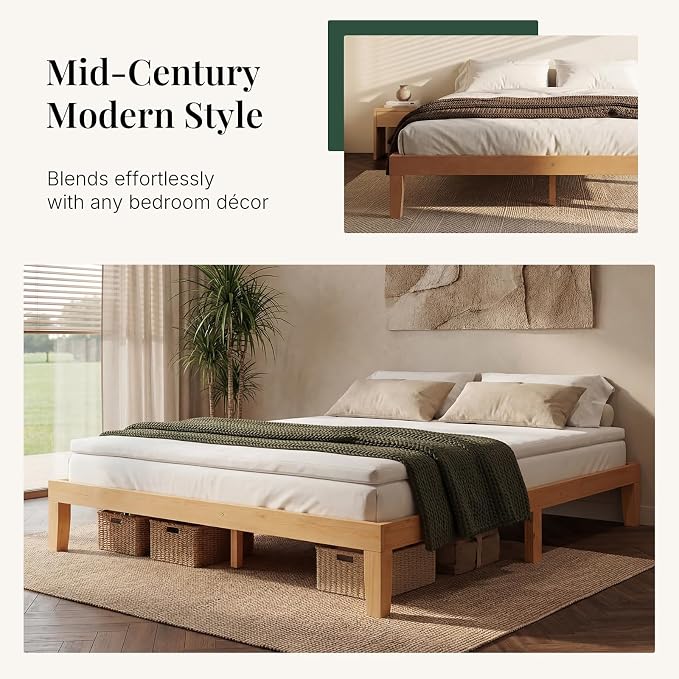 Sweetcrispy Queen Size Bed Frame 12 inch Heavy Duty Platform Bedframe, 1000 lbs Capacity, Underbed Storage, No Box Spring Needed, Wooden Slats, Easy Assembly with Velcro, Honey Finish