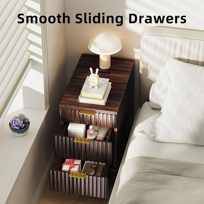 Kalrin Narrow Nightstand with Hidden Outlets & USB Ports, Modern Fluted Bedside Table with 3 Drawers, Engineering Wooden End Tables for Bedroom and Living Room(Vintage Brown)
