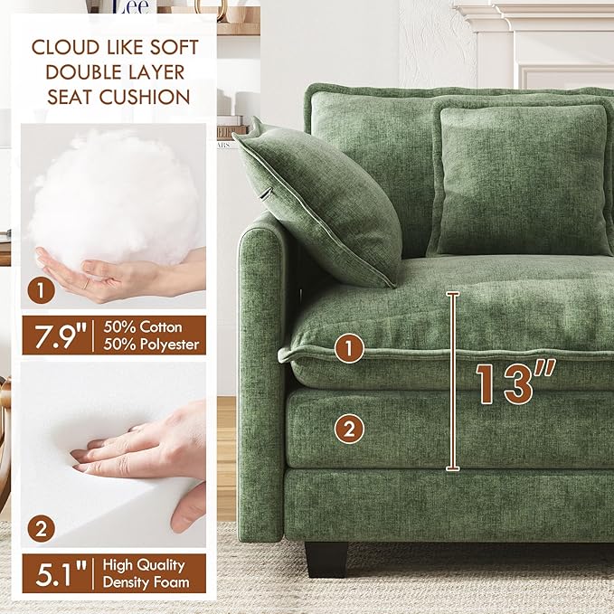 WorthFurni 114” Oversized Modular Sectional Sofa, 5-Seater V Shaped Cloud Couch Set, Comfy Chenille Deep Seat Sofa with 5 Throw Pillows, DIY Combination for Living Room (Green)