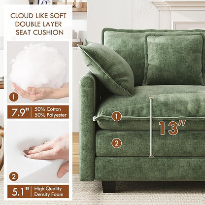 WorthFurni 114” Oversized Modular Sectional Sofa, 7-Seater V Shaped Cloud Couch Set, Comfy Chenille Deep Seat Couches with 2 Movable Ottomans, DIY Combination for Living Room (Green)