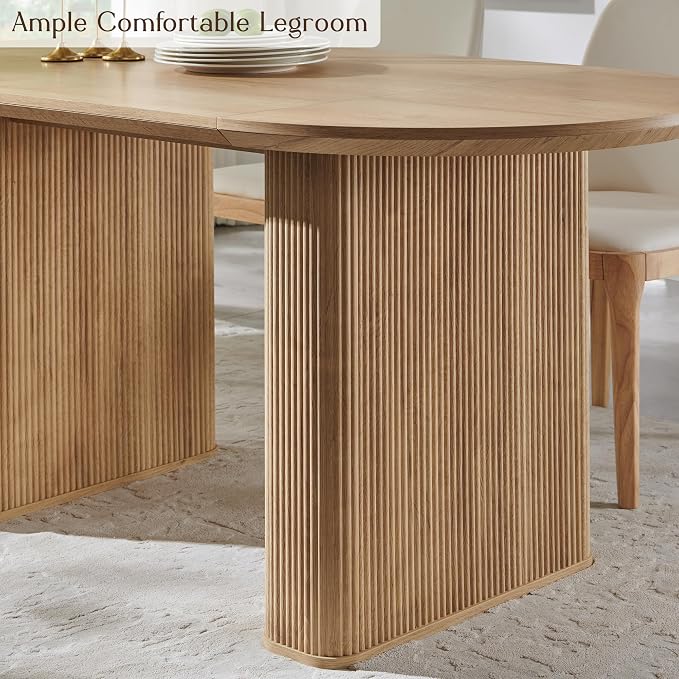 T4TREAM 63" Fluted Oval Dining Table for 4-6, Mid-Century Modern Kitchen Table with Thickened Edge & Strip Pedestal Base, Wood Luxury Table for Dining Room/Kitchen/Home Office,Natural Oak(Table Only)
