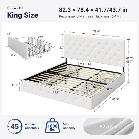 Allewie King Size Platform Bed Frame with 4 Storage Drawers and Headboard/Upholstered Diamond Stitched Button Tufted/Wooden Slats Support/Mattress Foundation/No Box Spring Needed/White
