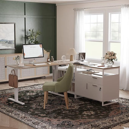 FEZIBO 66 Inches L Shaped Standing Desk with Drawers & Shelves, Executive Desk Adjustable Height Desk, Light Walnut Top/White Frame